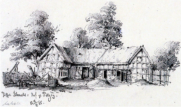 Zeichnung „Töffel Schmohl, Hof zu Pülzig“ von Emil Zeiß, 1865