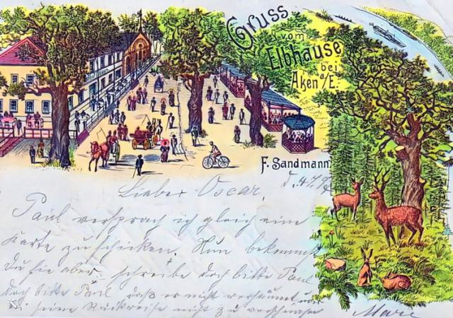 Ansichtskarte der Gaststätte Sandmanns Elbhaus von 1897. (4)