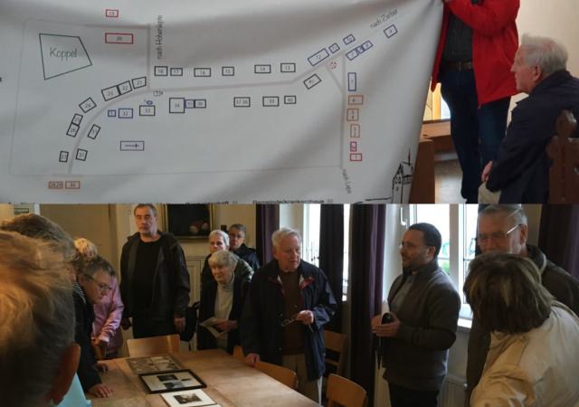 In Eichholz wurde den Gästen ein großer Dorfplan präsentiert (oben). Im Gemeinderaum erläutert Pfarrer Lindemann die historischen Fotos und Dokumente (unten).