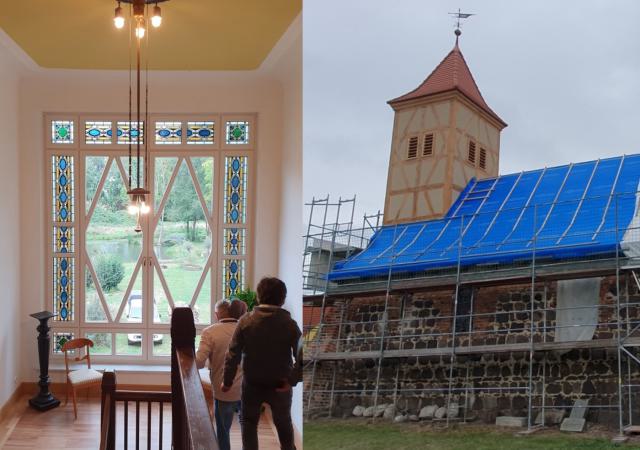 Bunte Glasfenster schmücken das Treppenhaus des Gutshauses (links). Der Turm der Kermener Dorfkirche wurde neu errichtet (rechts).