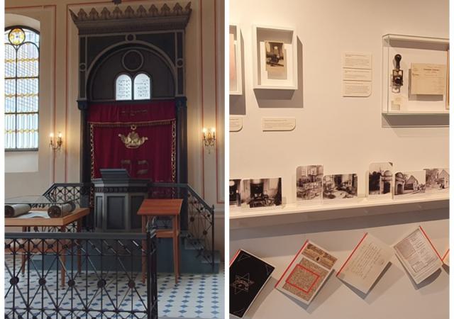Der Innenraum der Gröbziger Synagoge (links) ist sehr gut erhalten. Das Museum (rechts) informiert über die jüdische Geschichte in Gröbzig und u.a. über die Problematik des Antisemitismus. 